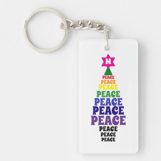 Cute Rainbow Christmas Peace Tree Add Initial Key Ring (Front)