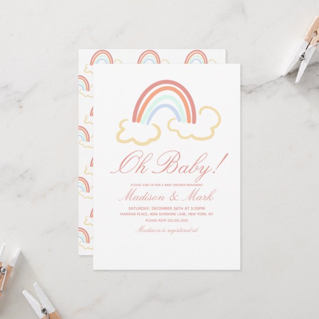 Cute Rainbow Cloud Doodle Baby Shower  Invitation (Front/Back In Situ)