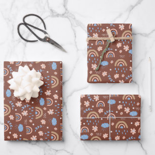 Cute rainbow cloud flower pattern wrapping paper sheet