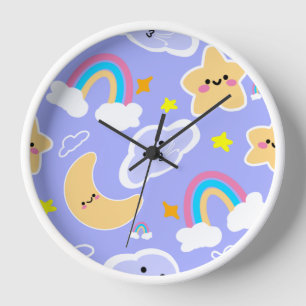 Cute Rainbow Cloud Pattern Blue Clock