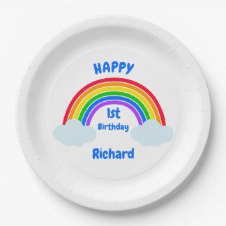Cute Rainbow Clouds 1st Birthday Paper Plate