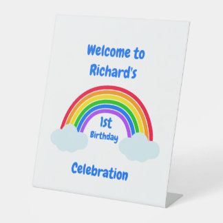 Cute Rainbow Clouds 1st Birthday Pedestal Sign