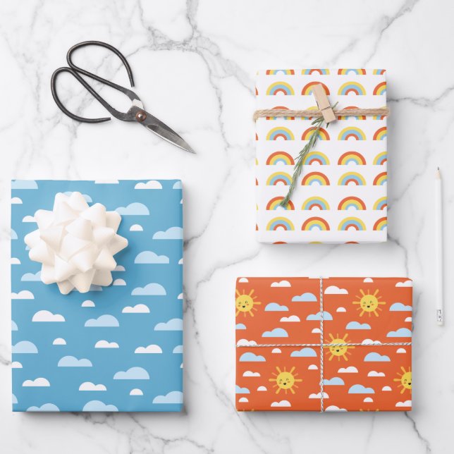 Cute Rainbow Clouds and Sunshine Wrapping Paper Sheet (Front)