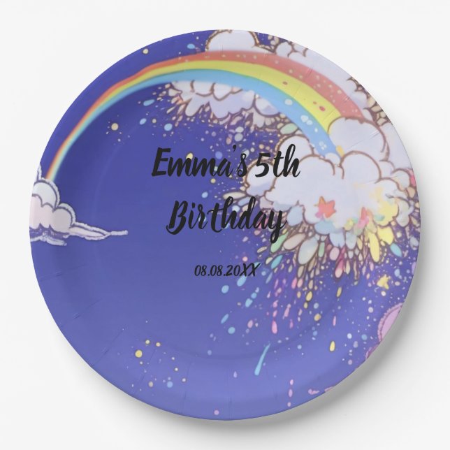 Cute Rainbow Clouds Birthday: Customise Your Party Paper Plate (Front)