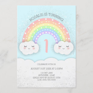 Cute Rainbow & Clouds Birthday Invitation   Blue