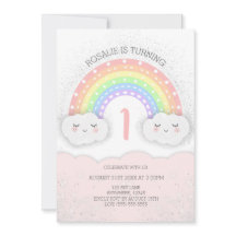 Cute Rainbow & Clouds Birthday Invitation | Pink