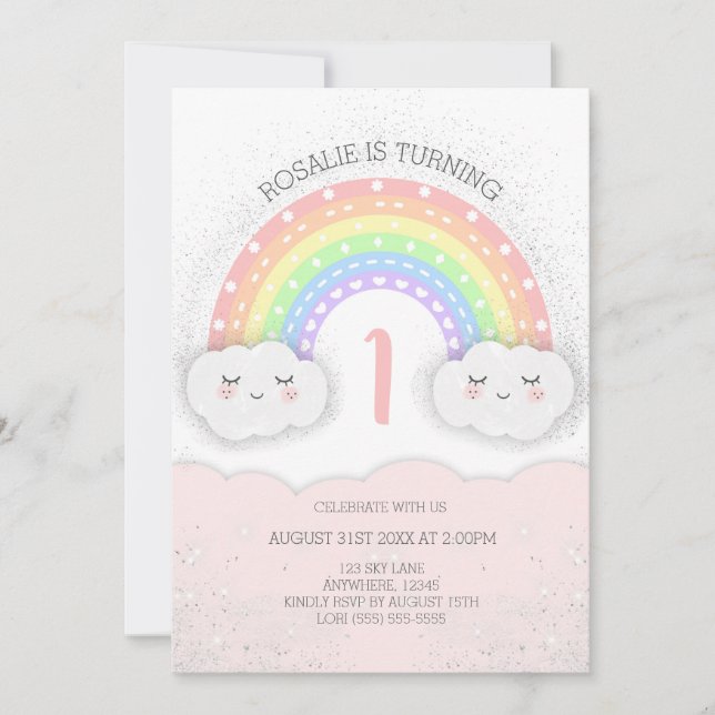 Cute Rainbow & Clouds Birthday Invitation | Pink (Front)