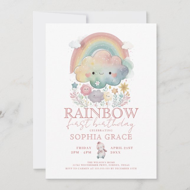 Cute Rainbow Clouds & Flowers Girl Birthday Invitation (Front)