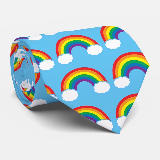 Cute Rainbow Clouds Sky Blue Bright Pattern Tie (Rolled)