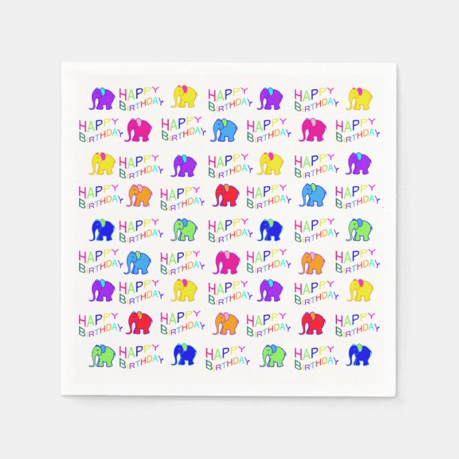 Cute Rainbow Colour Cartoon Elephants Kid Birthday Napkin (Front)