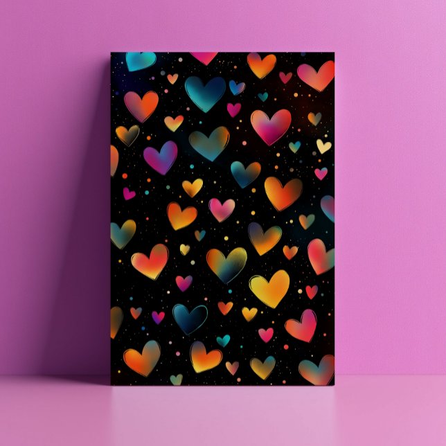 Cute Rainbow Colour Hearts Galaxy Black Background Postcard (Creator Uploaded)