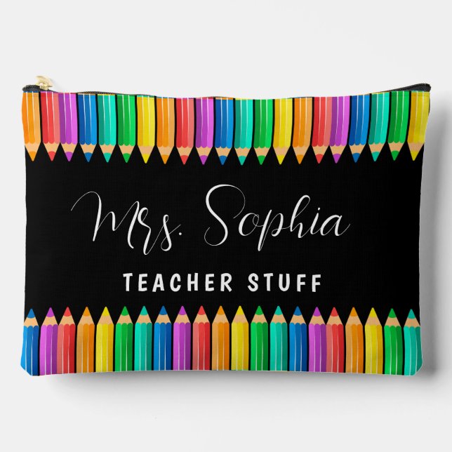 Cute Rainbow Colour Pencils Personalised Teacher Accessory Pouch (Front)