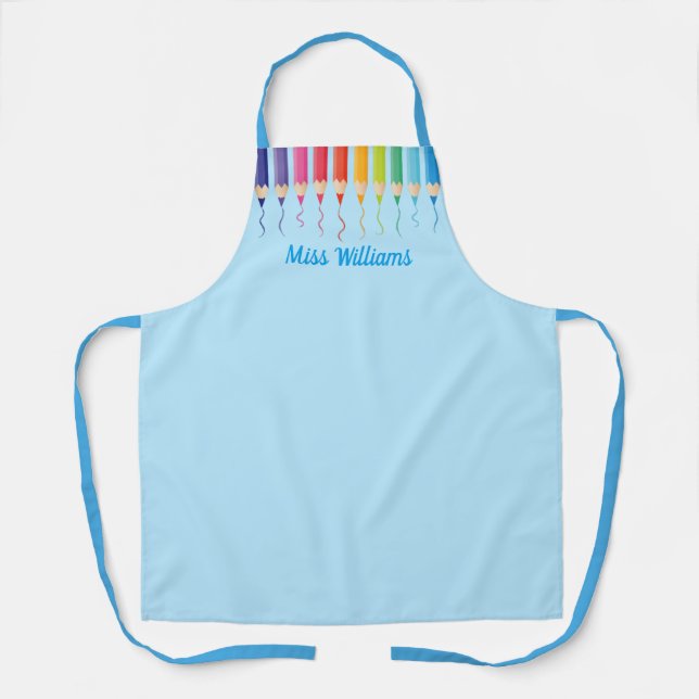 Cute Rainbow Coloured Pencils Blue Art Teacher Apron (Front)