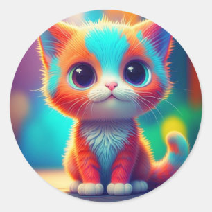 Cute Rainbow Coloured Sitting Kitten Cartoon-85748 Classic Round Sticker