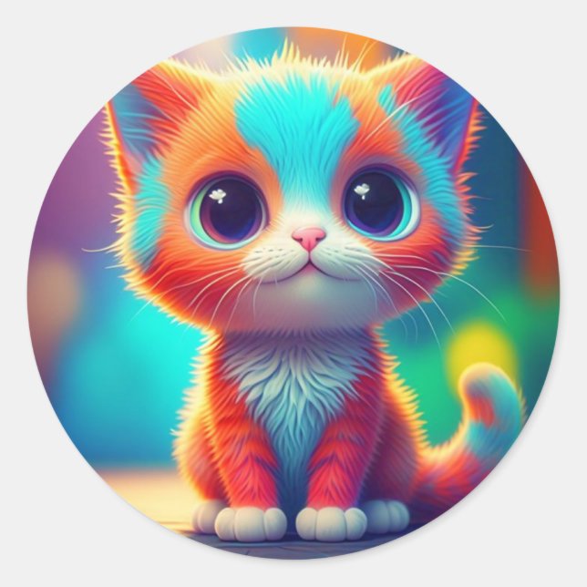 Cute Rainbow Coloured Sitting Kitten Cartoon-85748 Classic Round Sticker (Front)
