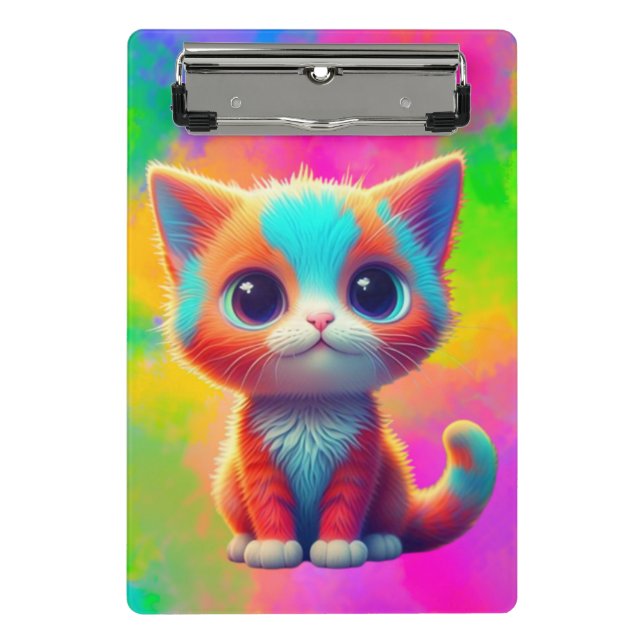 Cute Rainbow Coloured Sitting Kitten Cartoon  Mini Clipboard (Front)
