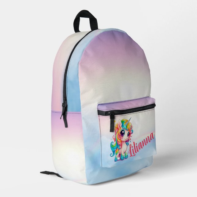 Cute Rainbow Coloured Unicorn Personalised  Printed Backpack (Back Corner Left)