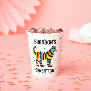 Cute Rainbow Colourful Jungle Tiger Birthday Paper Cups
