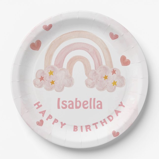 Cute Rainbow Custom Name Happy Birthday  Paper Plate (Front)