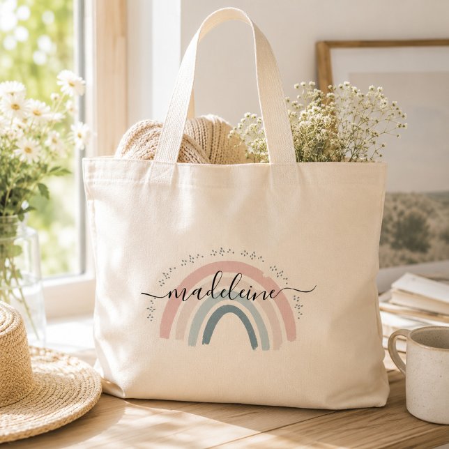 Cute Rainbow Custom Name Script Fun Calligraphy  Large Tote Bag (Creator Uploaded)
