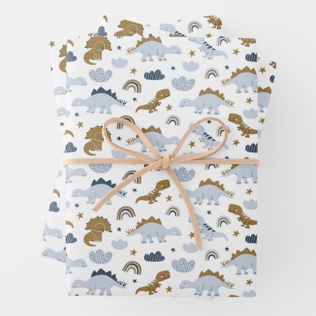 Cute Rainbow Dinosaur Pattern Wrapping Paper Sheet (In situ)