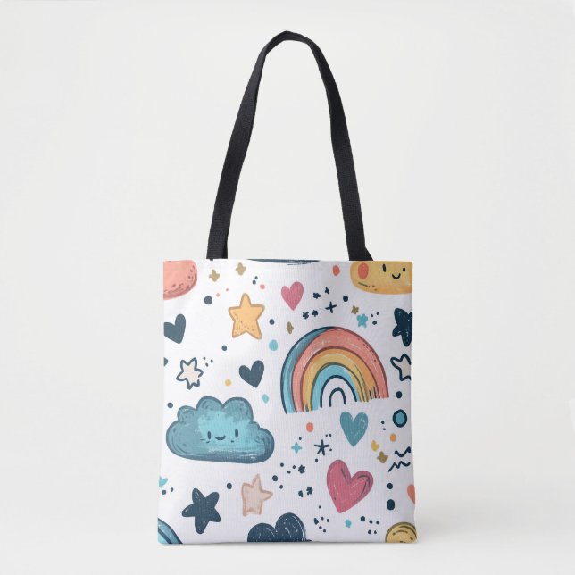 Cute Rainbow Doodle Pattern with Clouds and Stars Tote Bag (Front)