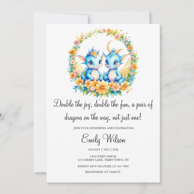 CUTE RAINBOW FLORAL BABY DRAGONS TWINS BABY SHOWER INVITATION (Front)