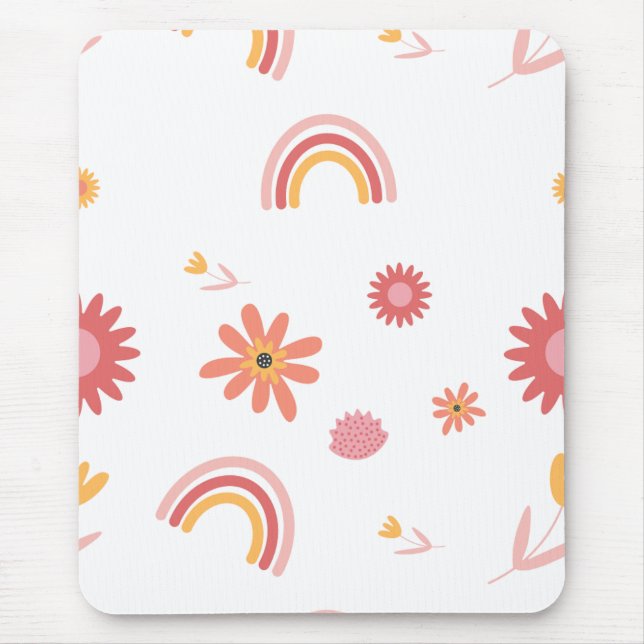 Cute Rainbow & Floral Pastel Pattern Mouse Mat (Front)