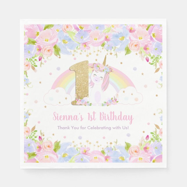 Cute Rainbow Floral Unicorn 1st Birthday Napkin (Front)