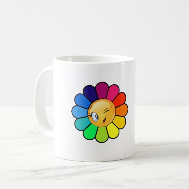 Cute Rainbow Flower Winking Face Coffee Mug (Front Left)