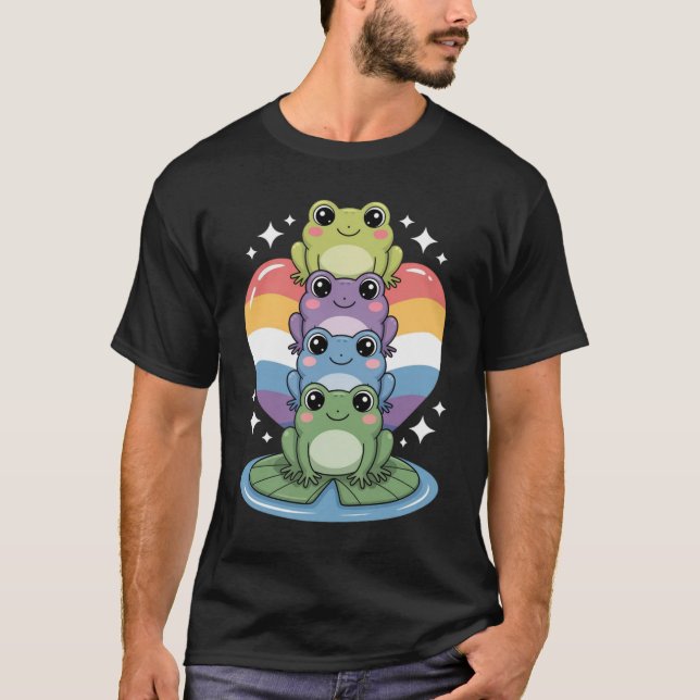 Cute Rainbow Frog Stack  – Kawaii Pride Frog  T-Shirt (Front)