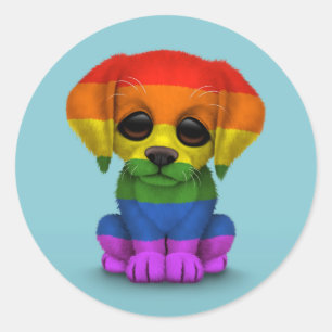 Cute Rainbow Gay Pride Puppy Dog, Blue Classic Round Sticker