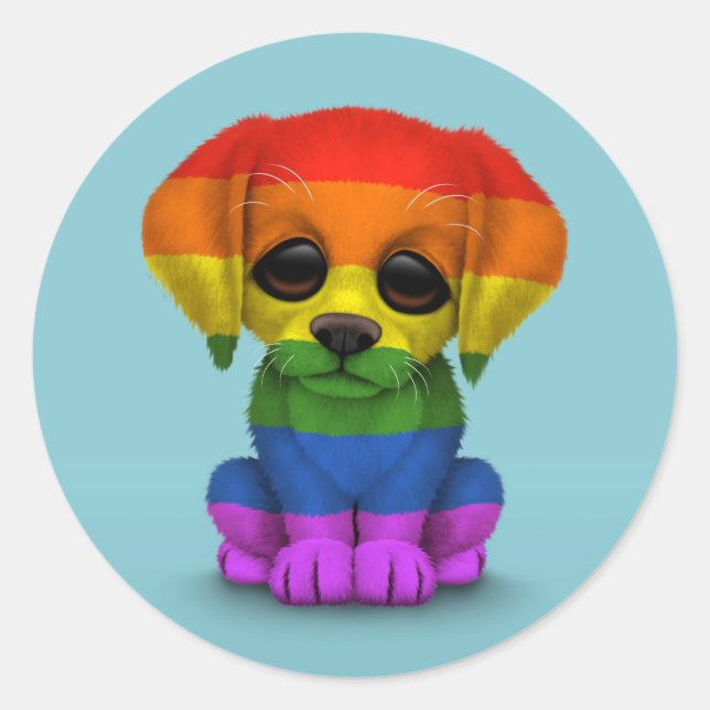Cute Rainbow Gay Pride Puppy Dog, Blue Classic Round Sticker (Front)