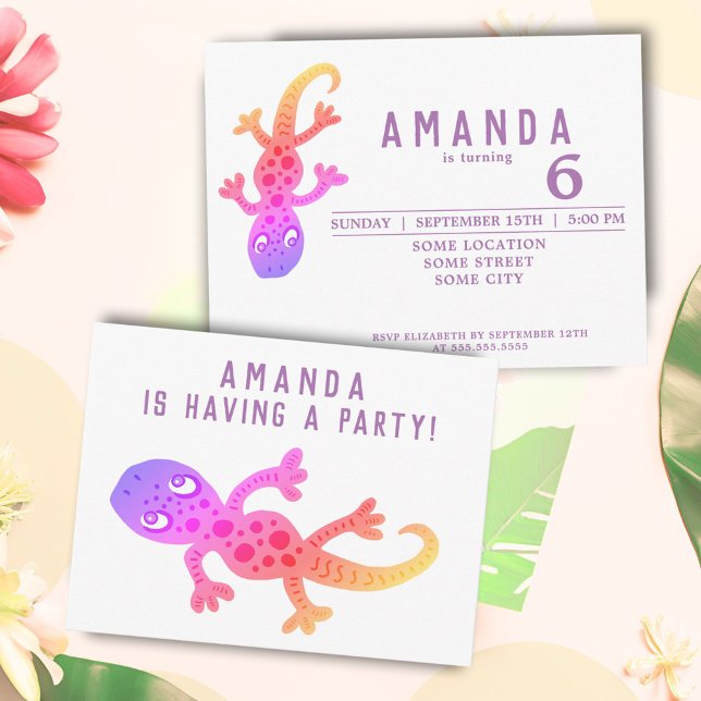 Cute Rainbow Gecko Lizard Birthday Party Invitation Postcard (Creator Uploaded)
