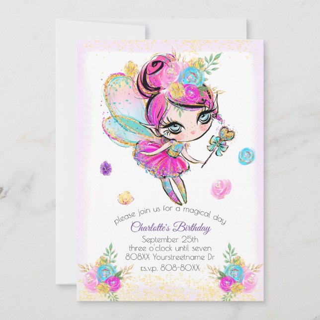 Cute Rainbow Glitter Pixie Fairy Invitation (Front)