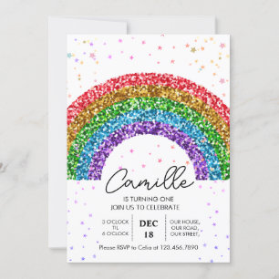 Cute Rainbow Glitter sparkle stars Birthday Invitation