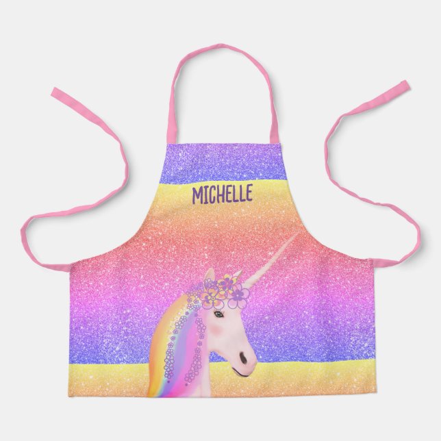 Cute Rainbow Glitter Unicorn Personalised Kids Apron (Front)