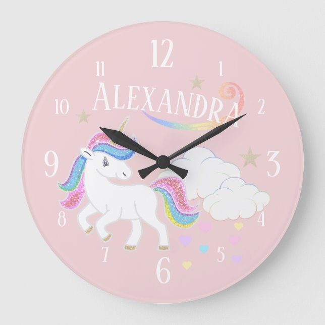 Cute Rainbow Glitter Unicorn Stars and Hearts Pink Large Clock (Front)
