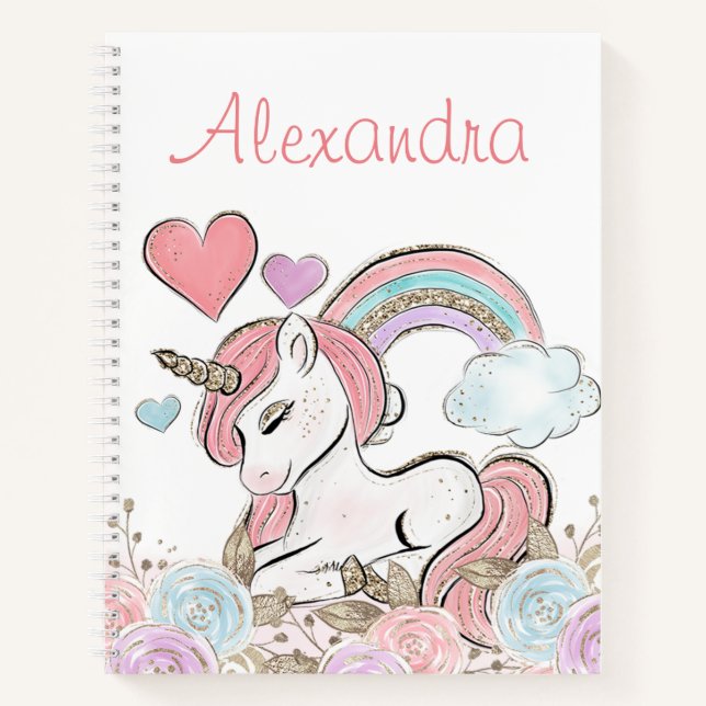 Cute Rainbow Glitter Unicorn with Custom Name Notebook (Front)