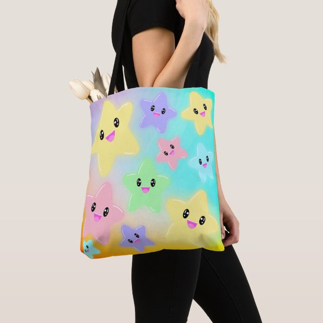 Cute Rainbow Glowing Stars Kawaii Colorful Ombre Tote Bag (Close Up)