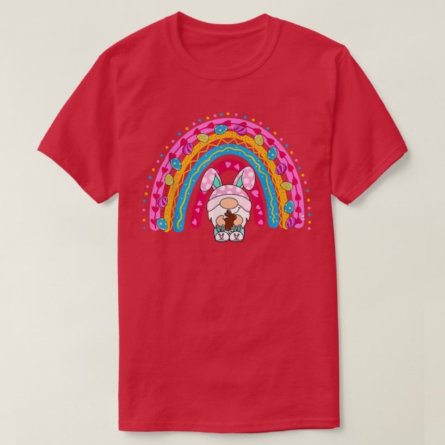 Cute Rainbow Gnome Easter Bunny Gnome Hug Eggs Hap T-Shirt (Design Front)