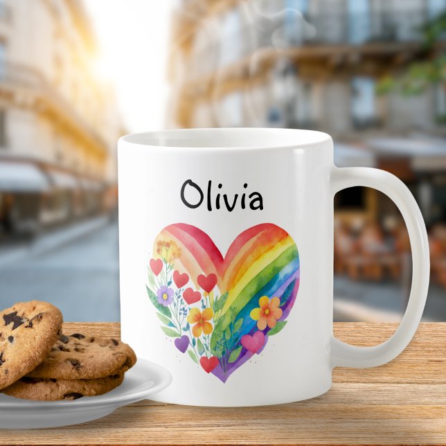Cute Rainbow Heart Custom Name Coffee Mug (A cute personalized mug with rainbow heart design)