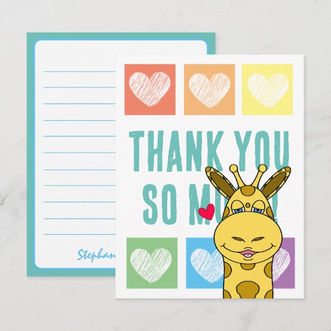 Cute Rainbow Heart Giraffe Thank You  Card (Front/Back)