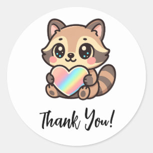 Cute Rainbow Heart Happy Kawaii Racoon Thank You Classic Round Sticker