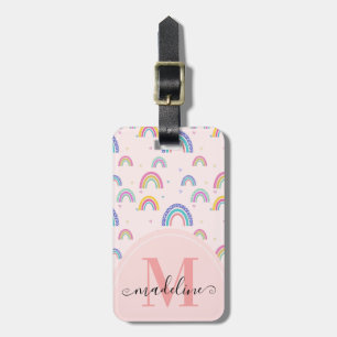 Cute Rainbow Heart Script Monogram Boho Pink Luggage Tag