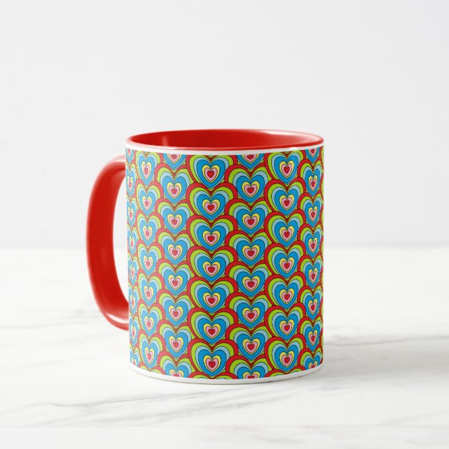Cute Rainbow Hearts All Over Pattern Red Mug (Front Left)