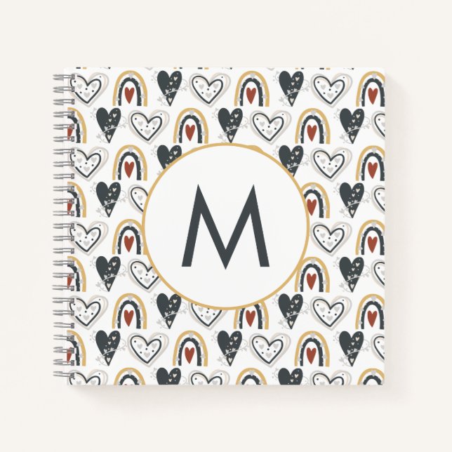 Cute Rainbow Hearts Boho Pattern Monogram Initial Notebook (Front)