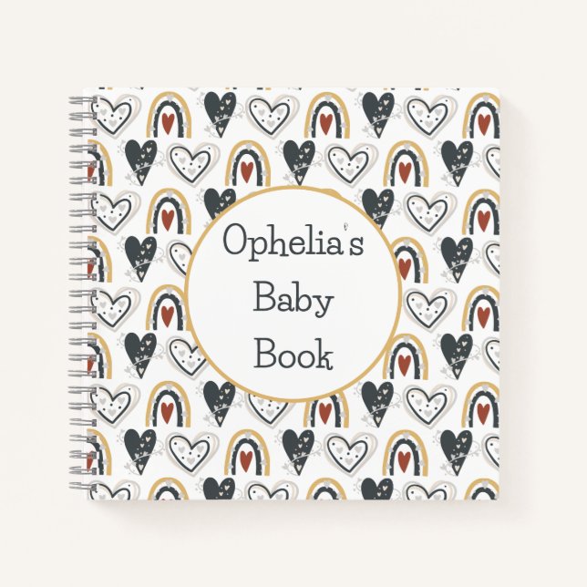 Cute Rainbow Hearts Boho Pattern Name Baby Book (Front)