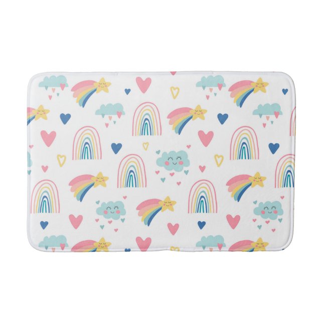 Cute Rainbow Hearts & Clouds Pattern Bath Mat (Front)