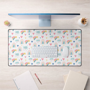 Cute Rainbow Hearts & Clouds Pattern Desk Mat